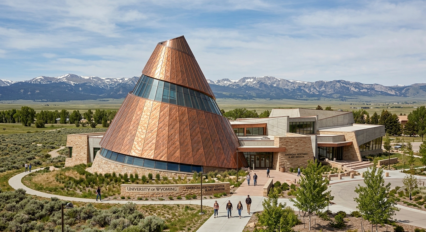 University of Wyoming Centennial Complex modern architecture housing American Heritage Center and Art Museum, distinctive conical copper roof
