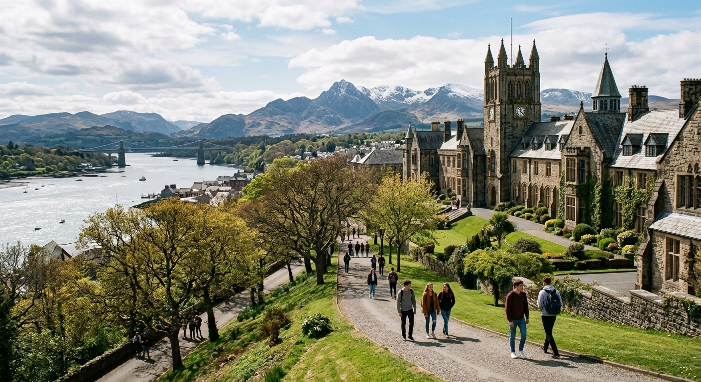 Historic Bangor University campus with Victorian stone buildings set against the backdrop of Snowdonia mountains, students walking along tree-lined paths near the Menai Strait in North Wales