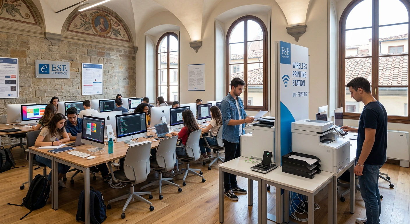 ESE Florence IT lab with modern computers, students working on projects, bright contemporary interior within a historic building, wireless printing station visible