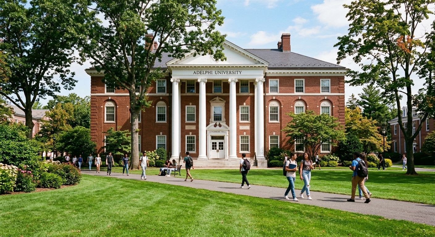 Levermore Hall at Adelphi University, stately brick academic building with white columns, green lawn in foreground, students walking along tree-lined pathway