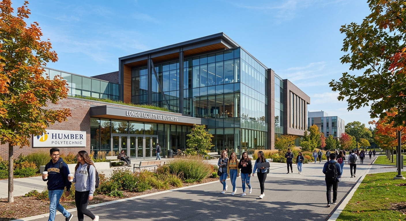 Modern campus building at Humber Polytechnic in Toronto, Canada, with students walking along tree-lined pathways near the Longo Faculty of Business, contemporary glass and brick architecture under clear blue skies