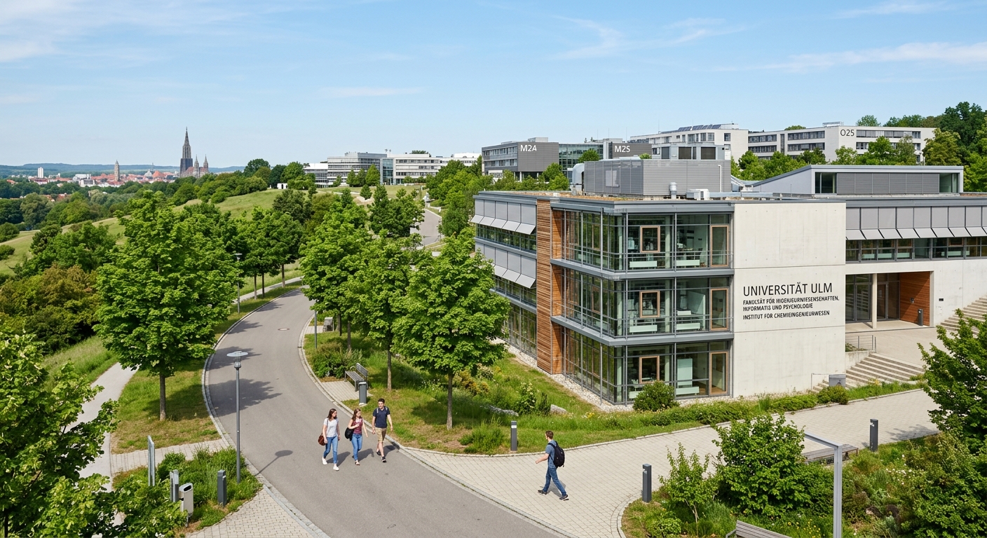 Modern university campus of the University of Ulm in Baden-Württemberg Germany, green hilltop setting with contemporary architecture, chemical engineering laboratory building, students walking along tree-lined pathways under clear blue sky