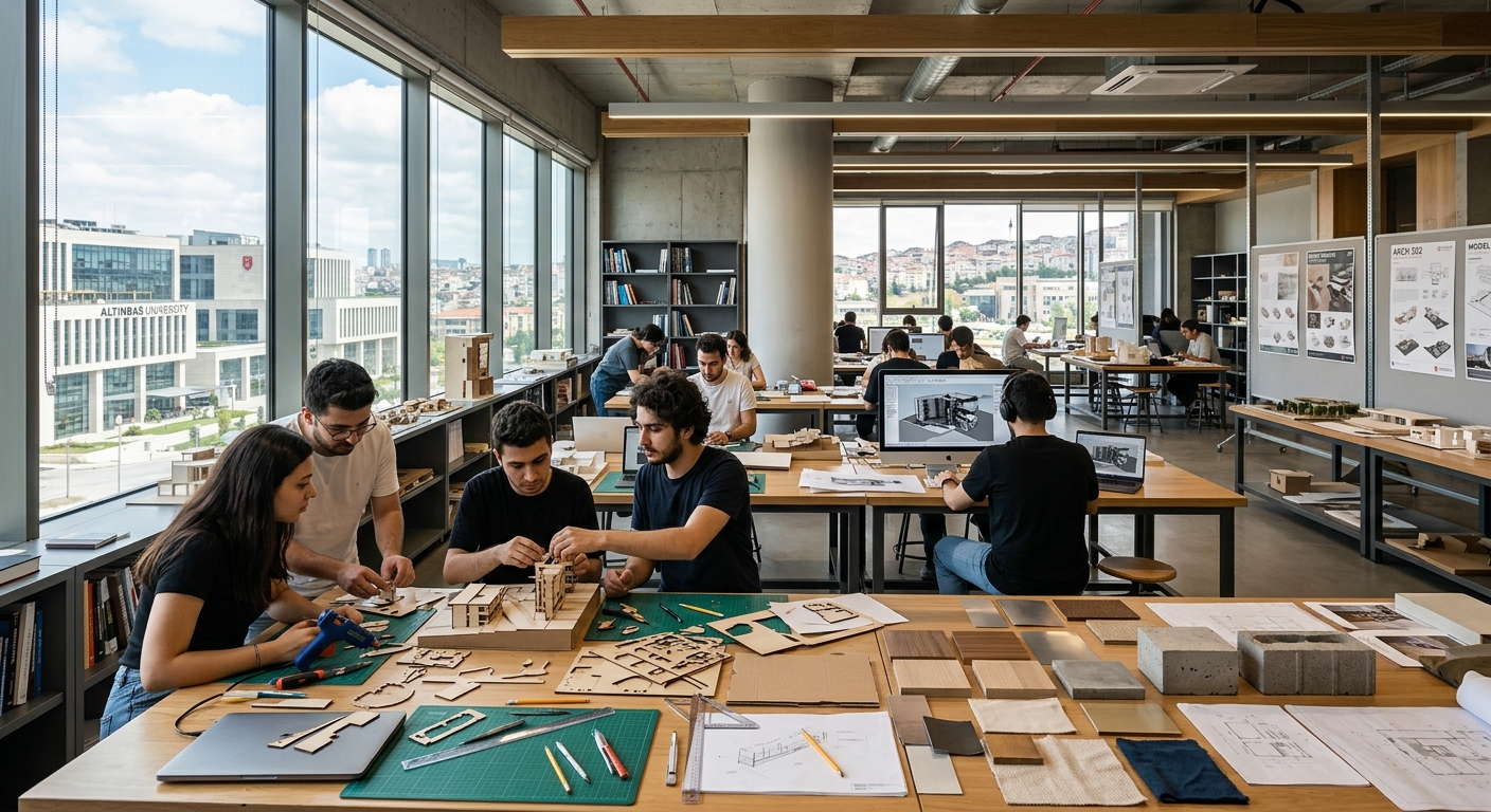 Modern design studio at Altinbas University Istanbul campus, students working on architectural models and digital renderings, large windows with natural light, design tools and material samples on tables