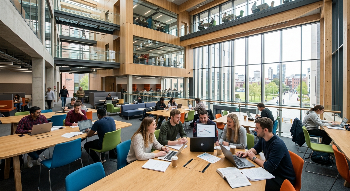 University of Strathclyde Learning and Teaching Building interior, open plan study spaces with natural light, modern furniture, students collaborating, contemporary educational architecture
