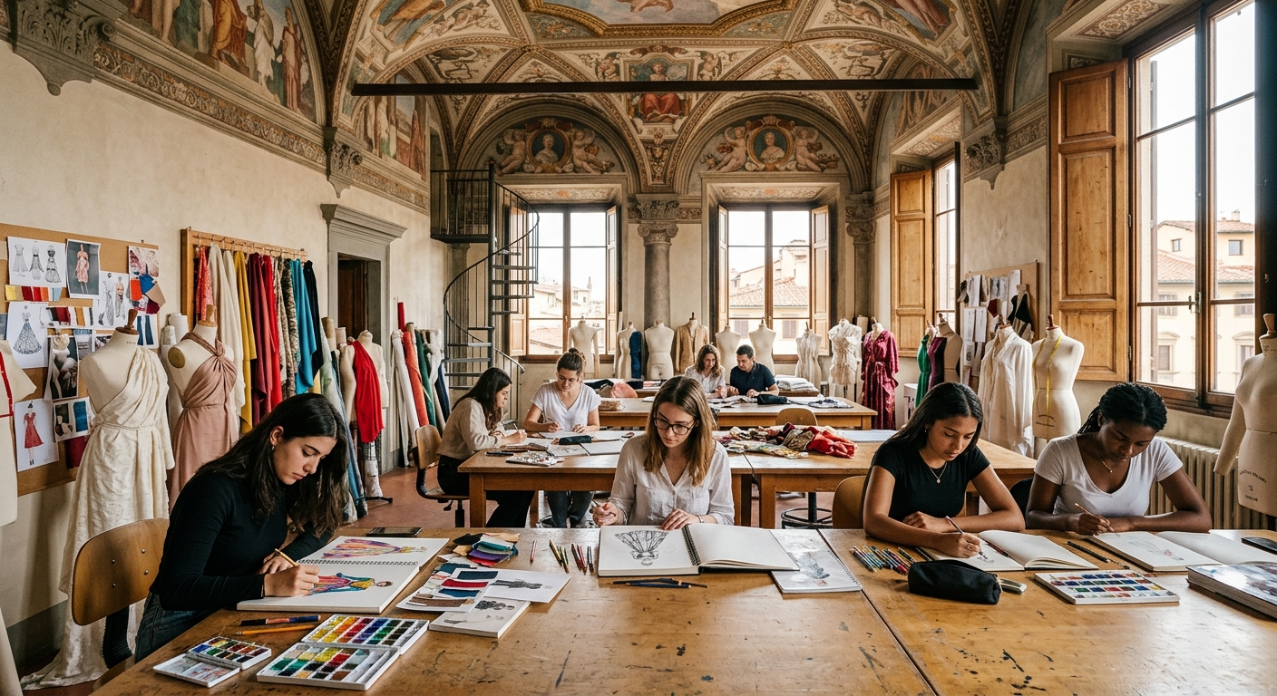 Elegant fashion design studio at Accademia Italiana in Florence, students sketching fashion illustrations at large drawing tables, fabric swatches and mannequins in background, Renaissance-era building interior with frescoed ceilings and natural light
