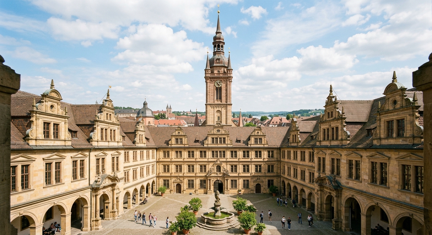 Historic Old University building (Alte Universität) of the University of Würzburg with Renaissance architecture, four-winged courtyard, and the tall Neubaukirche tower rising 91 meters above the city