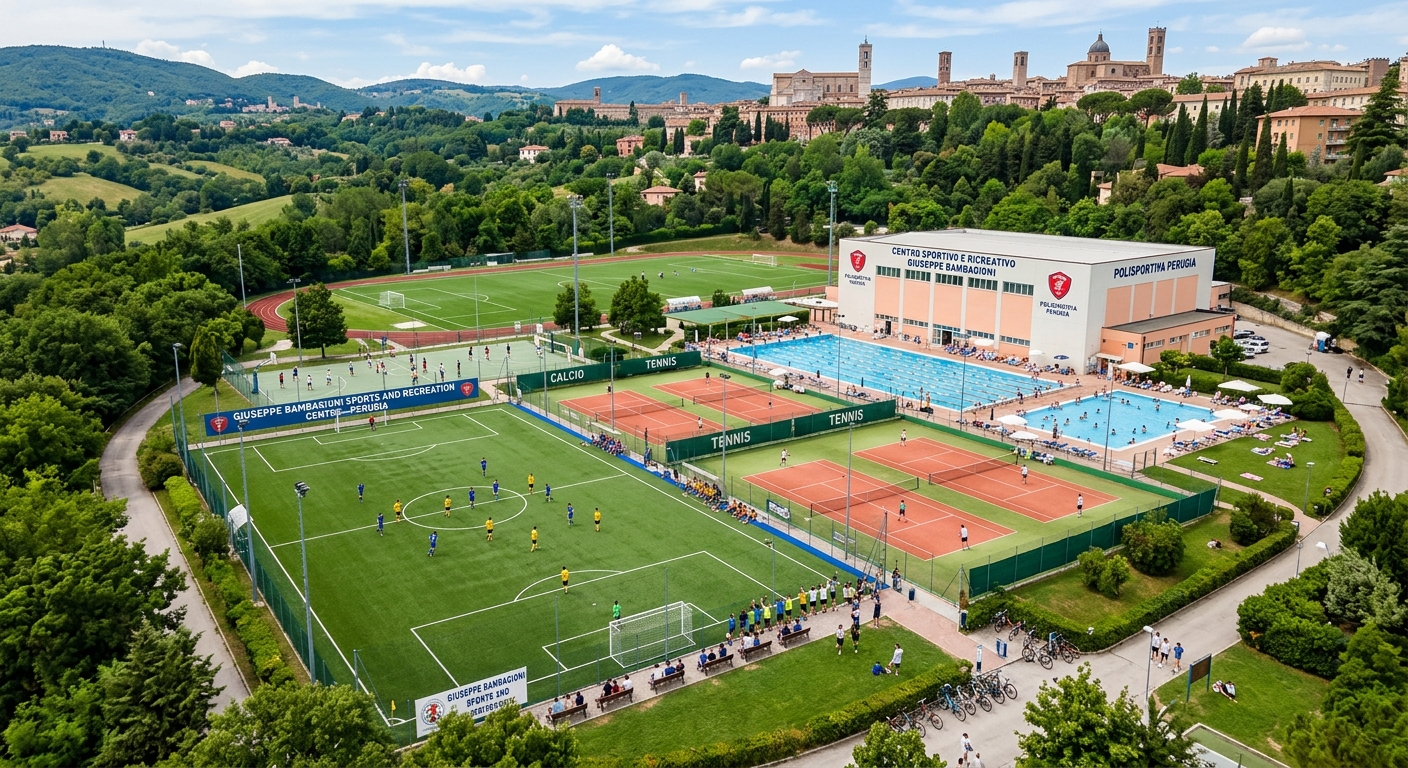 Giuseppe Bambagioni Sports and Recreation Centre in Perugia, outdoor sports fields, swimming pool, green surroundings, students playing sports