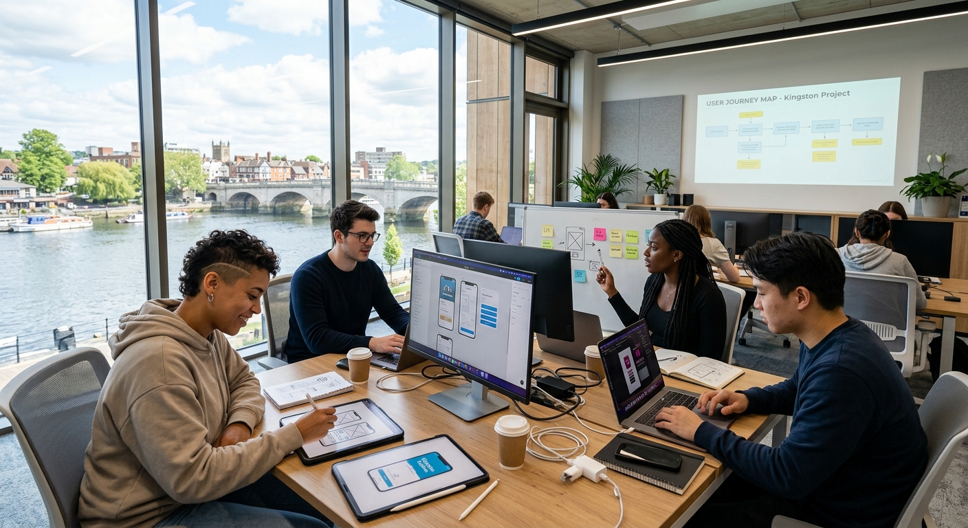 Modern university campus at Kingston upon Thames with students collaborating on digital design projects, contemporary computing lab with UX prototyping tools, bright natural light streaming through large windows