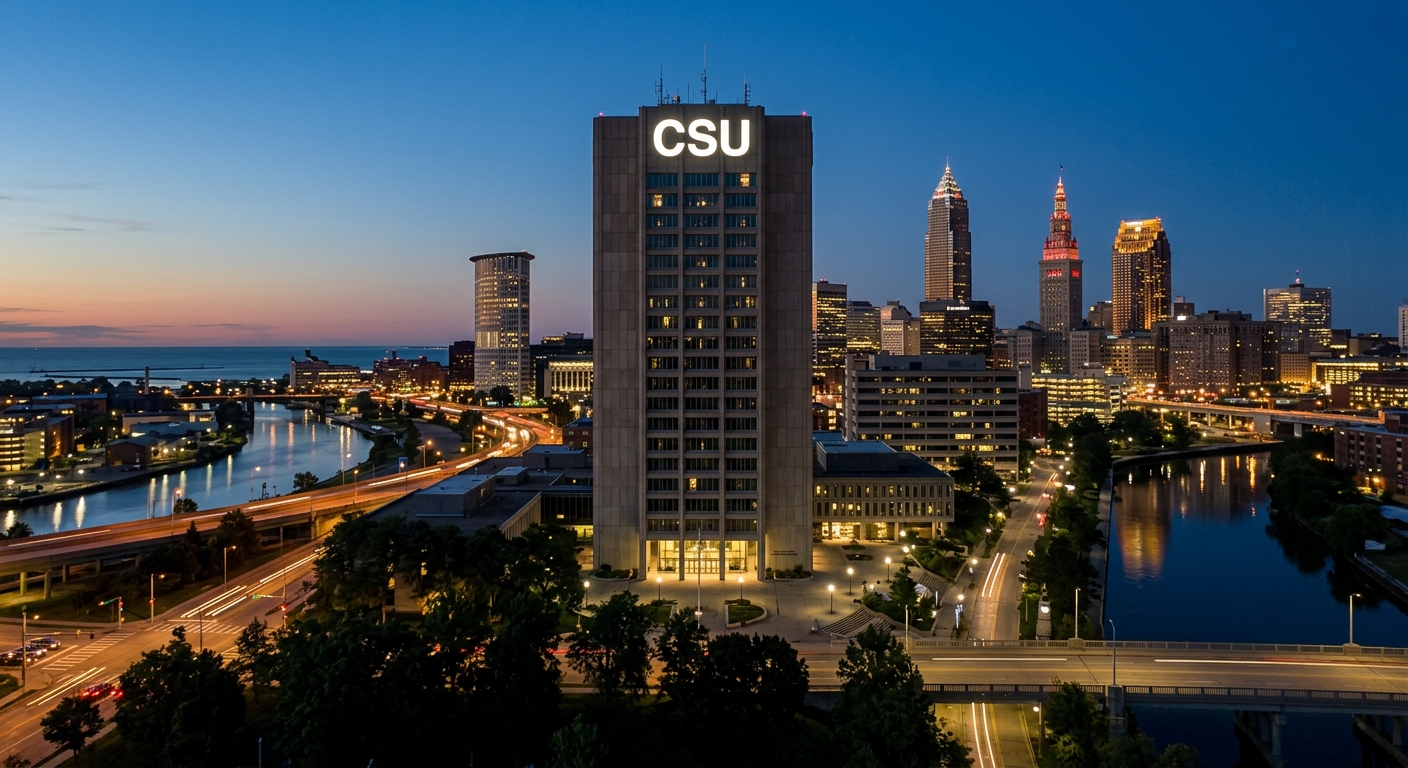 Cleveland State University Rhodes Tower, a tall modernist building with CSU letters illuminated, set against the Cleveland skyline at dusk