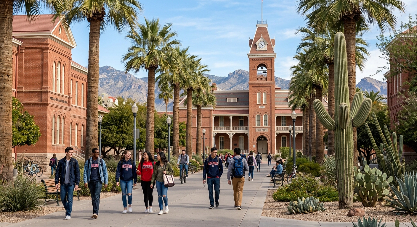 University of Arizona campus in Tucson with red-brick buildings, desert landscaping with saguaro cacti, students walking along palm-tree-lined pathways under a clear blue sky