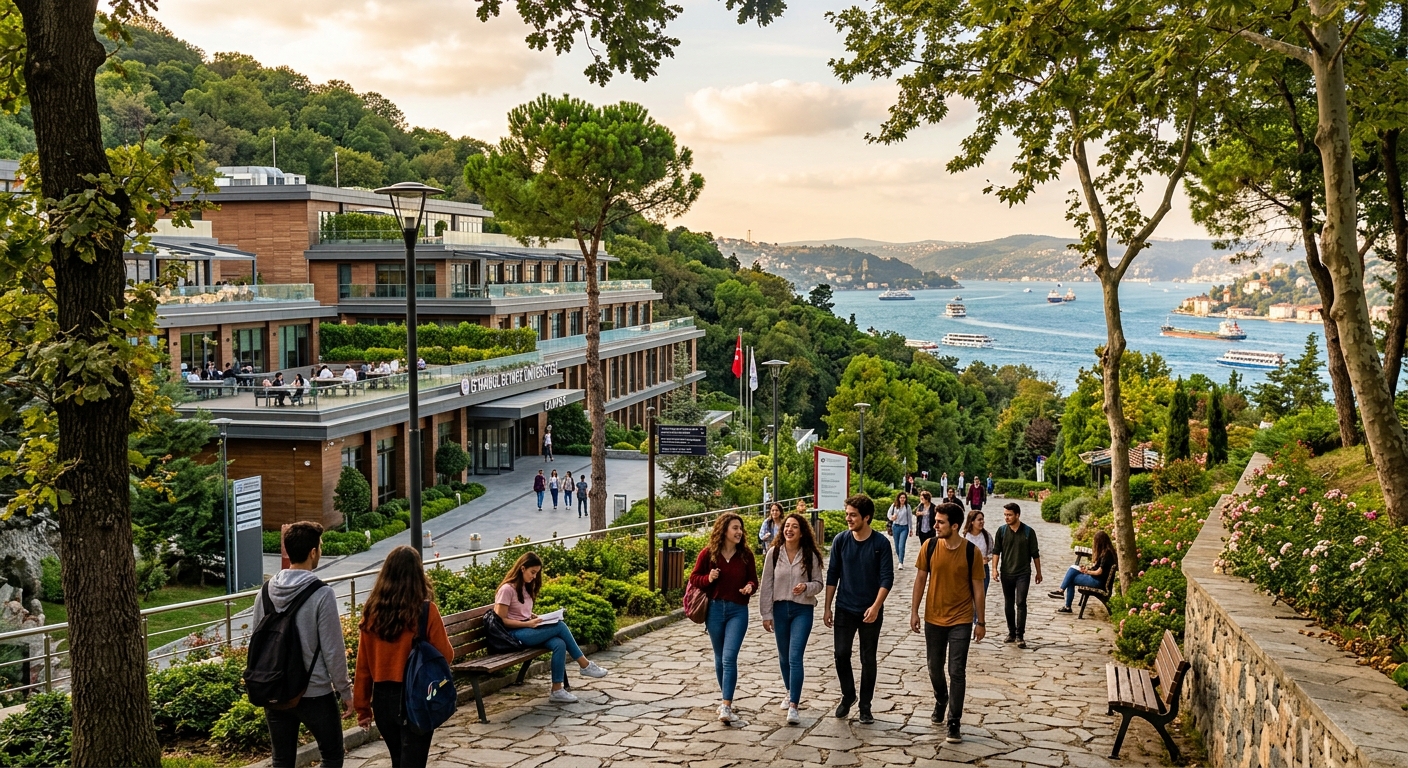 Modern university campus building in Istanbul Beykoz district with green hillside surroundings, students walking along tree-lined pathways, Bosphorus visible in the background, warm afternoon light