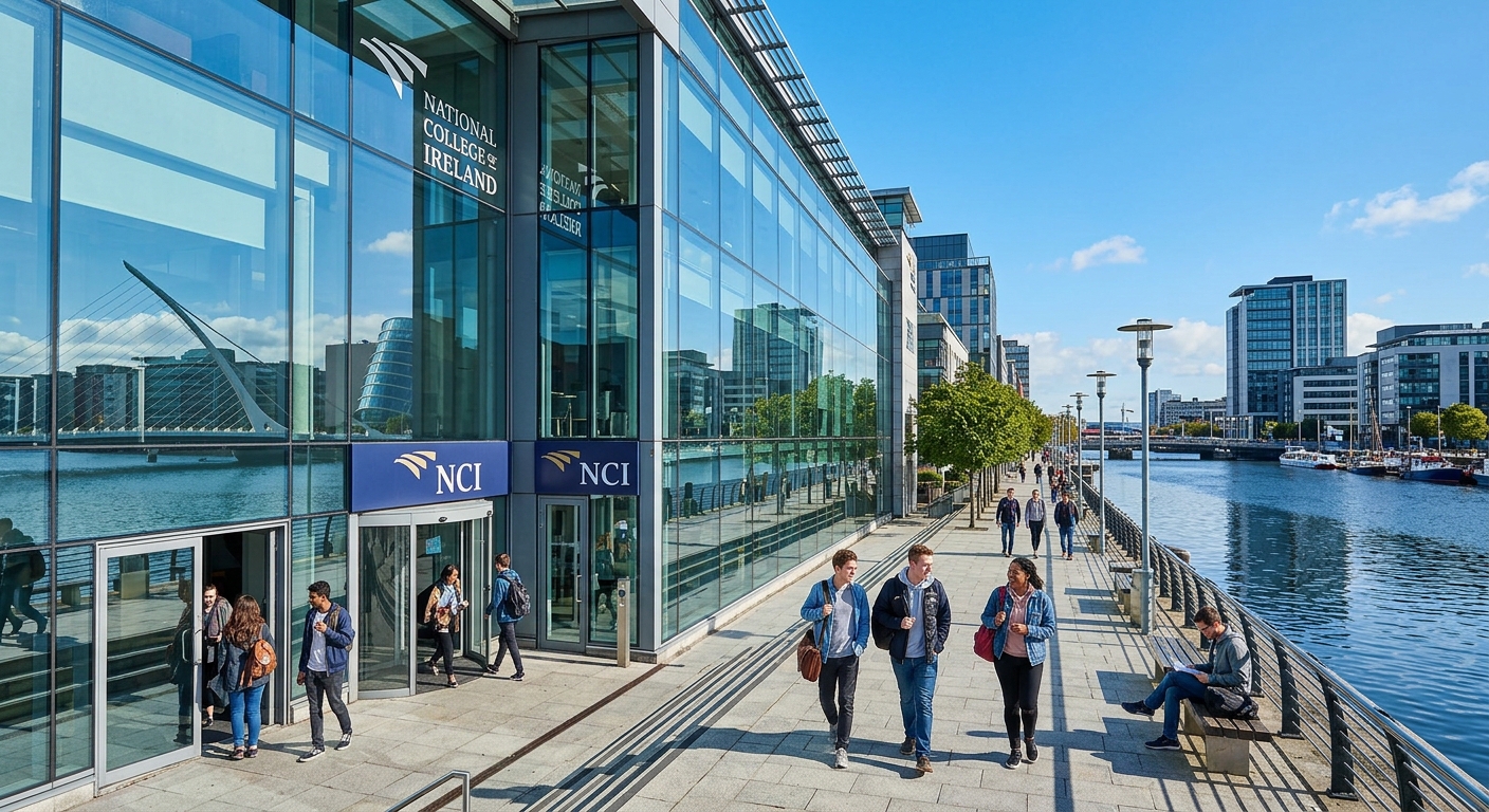 Modern National College of Ireland campus building in Dublin IFSC docklands area, glass facade reflecting waterfront, students walking outside, clear sky with contemporary urban architecture