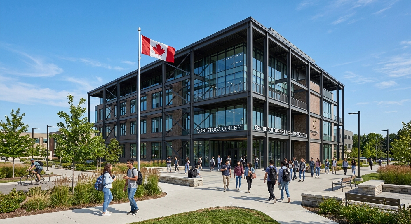 Modern college campus building at Conestoga College Cambridge campus with steel structural elements visible, students walking along pathways, Canadian flag, clear sky, professional engineering and technology education environment