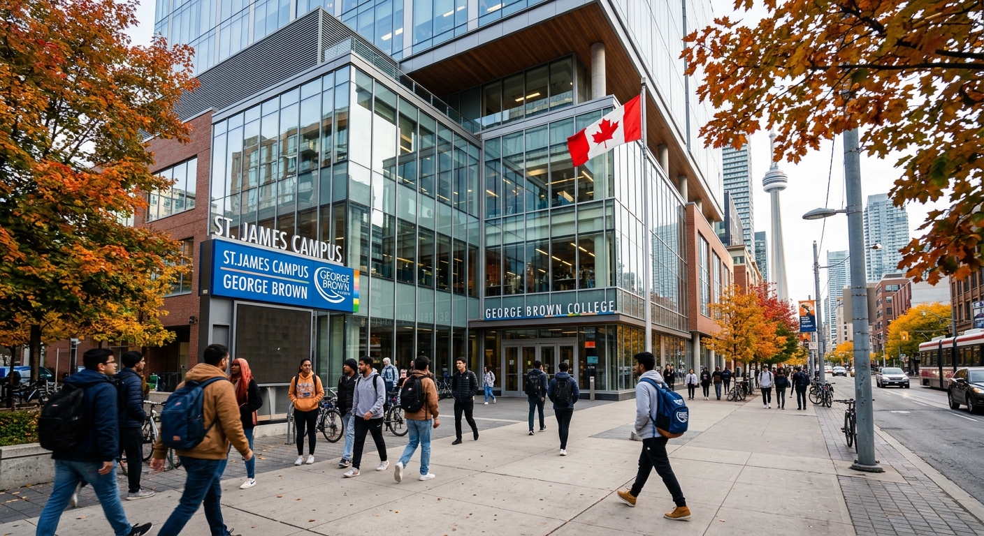 Modern college campus building in downtown Toronto with glass facade, students walking along urban sidewalks, Canadian flag visible, autumn trees lining the street, St. James Campus of George Brown College