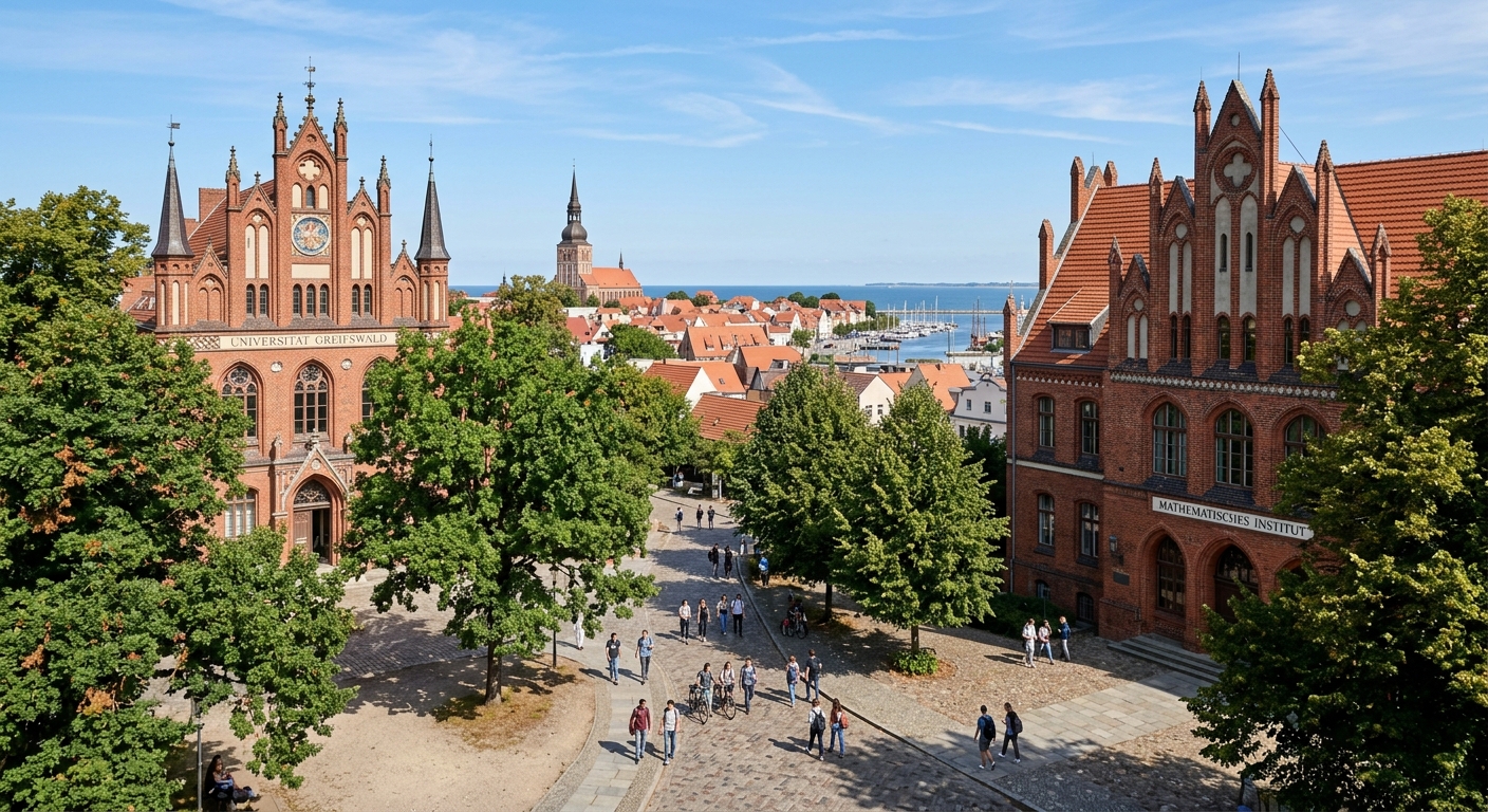 Historic University of Greifswald campus with red-brick Gothic architecture, mathematics faculty building, students walking through a tree-lined courtyard, Baltic Sea coastal town backdrop with clear skies