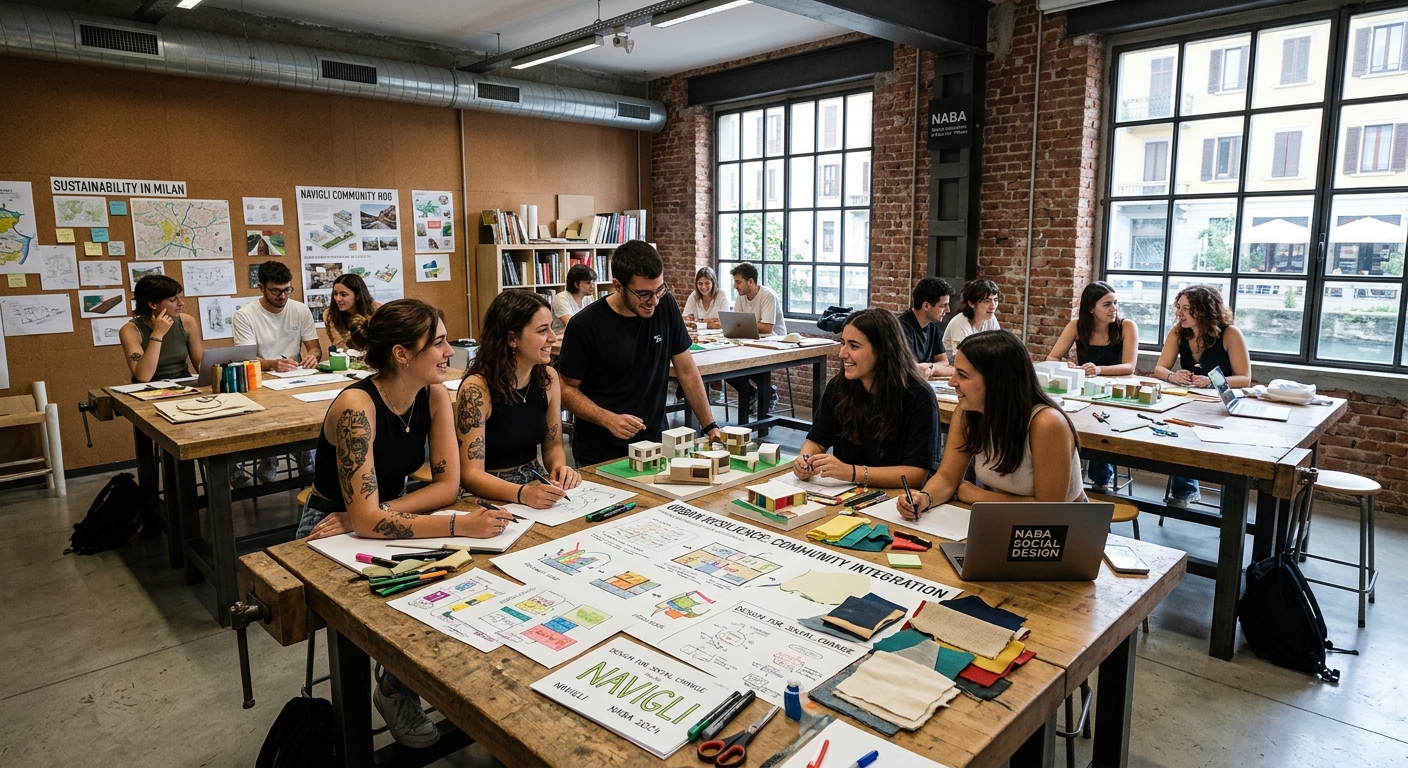 Modern design studio at NABA Milan campus in the Navigli district, students collaborating on social design projects with sketches and prototypes on large tables, industrial-style interior with exposed brick and natural light