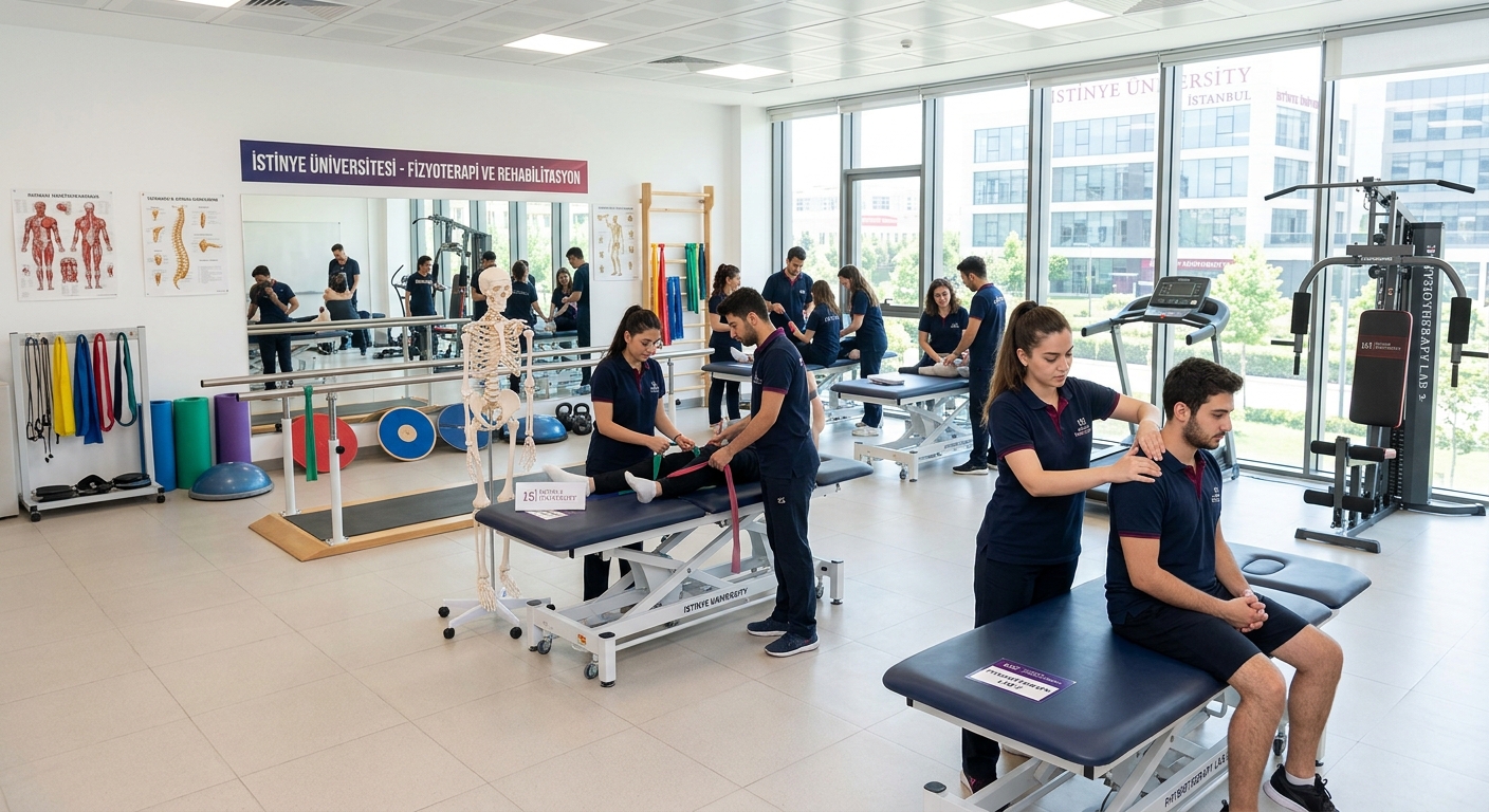 Modern physiotherapy laboratory at Istinye University Istanbul campus, students practicing rehabilitation techniques on treatment tables, bright clinical environment with exercise equipment and anatomical models