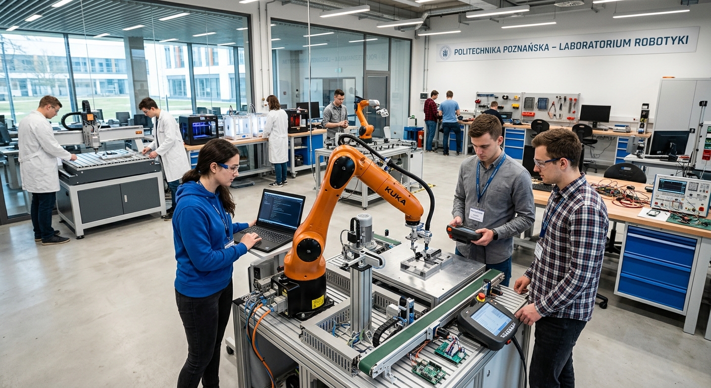 Poznan University of Technology engineering laboratory, students working with robotic equipment, modern machinery, bright interior lighting