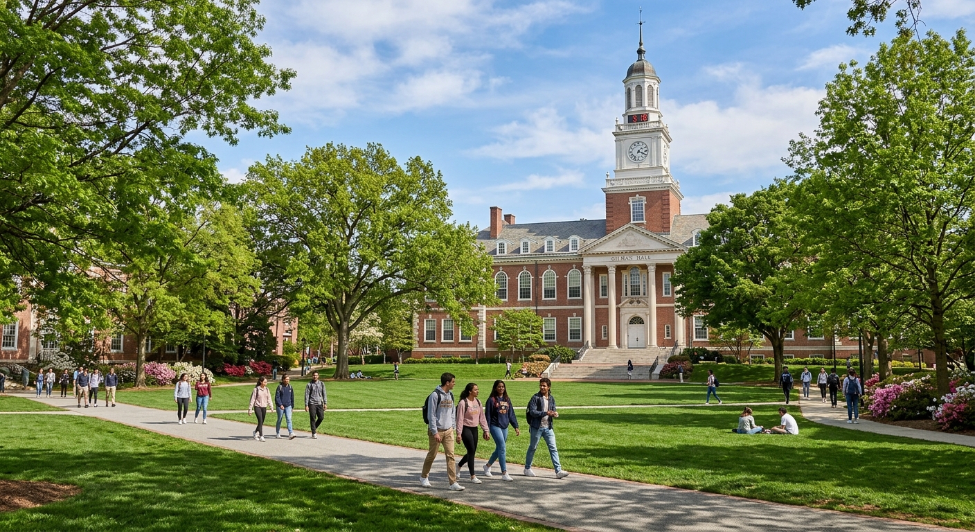 Johns Hopkins Homewood campus, Gilman Hall with iconic clock tower, red-brick Federal-style architecture, green lawn quad, students walking along tree-lined pathways, spring afternoon