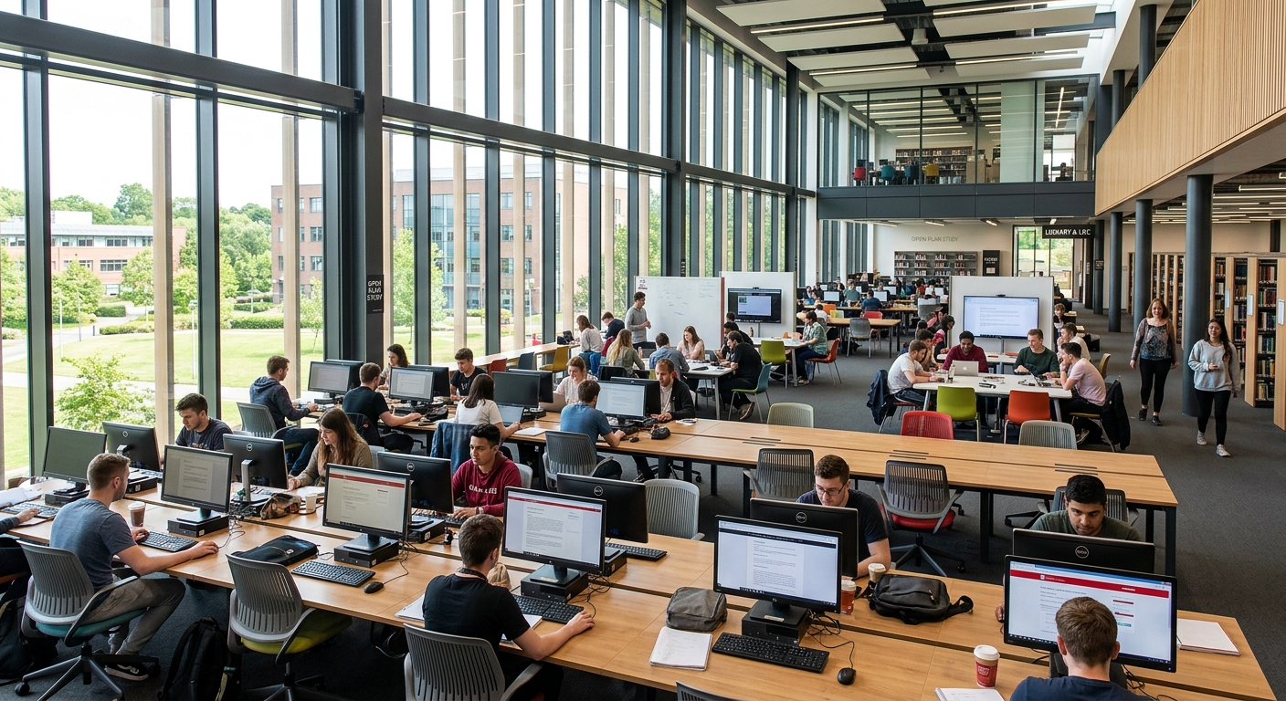 Staffordshire University library and learning resource centre, open plan study spaces, students working at computers and group study areas, natural lighting through large windows