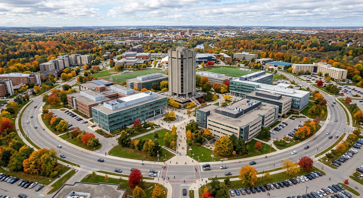University of Waterloo main campus aerial view, modern academic buildings surrounded by green spaces, ring road visible, Dana Porter Library tower prominent, Ontario Canada autumn foliage