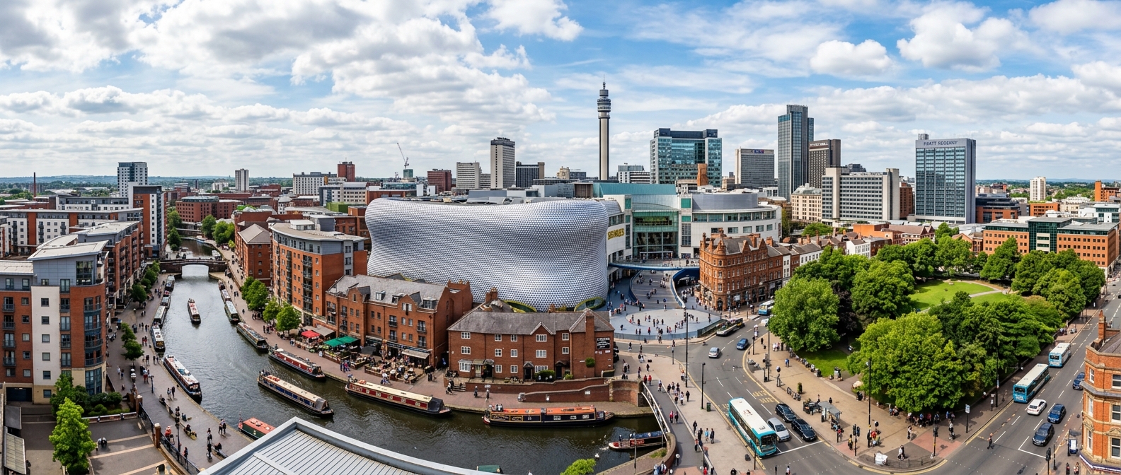 Birmingham UK city skyline panorama showing the Bullring shopping centre, Selfridges building, canal network with narrowboats, modern architecture, green parks, vibrant urban atmosphere under partly cloudy sky