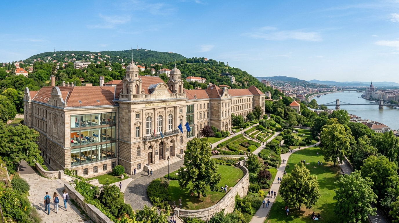 Wide-angle view of Duna International College campus building on the Buda side of Budapest, historic European architecture with modern interior, green hills and parks in the background, clear blue sky