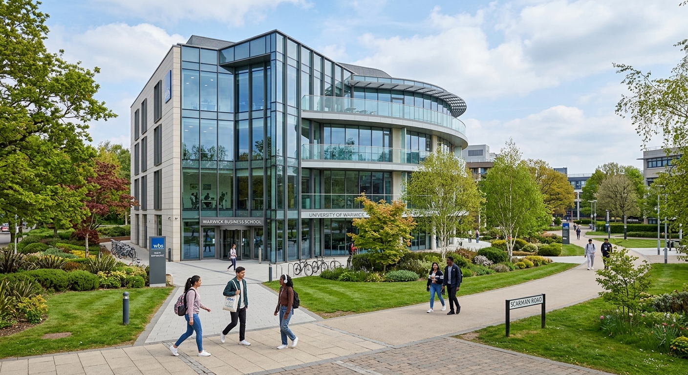Modern Warwick Business School building exterior with glass facade, students walking on campus pathways surrounded by green landscaping, University of Warwick campus in Coventry, United Kingdom