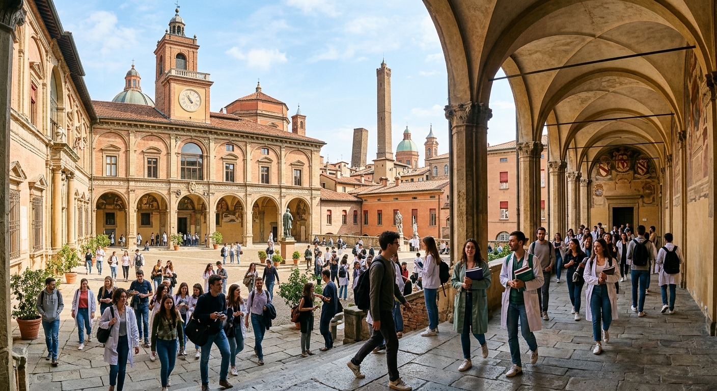 Historic University of Bologna campus with medieval architecture and arched colonnades, medical students walking through sunlit courtyard, Italian Renaissance buildings in the background, Bologna city skyline visible
