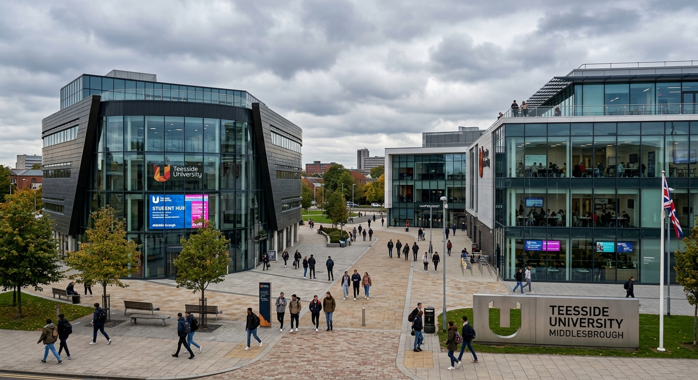 Modern Teesside University campus in Middlesbrough with contemporary glass-fronted buildings, students walking through the central plaza, digital media screens visible through windows, overcast English sky in the background