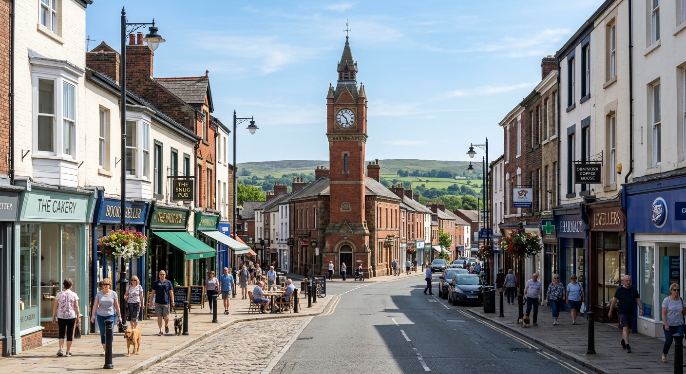 Ormskirk town centre Lancashire England, historic market town with clock tower, charming high street shops, green countryside in background, clear day