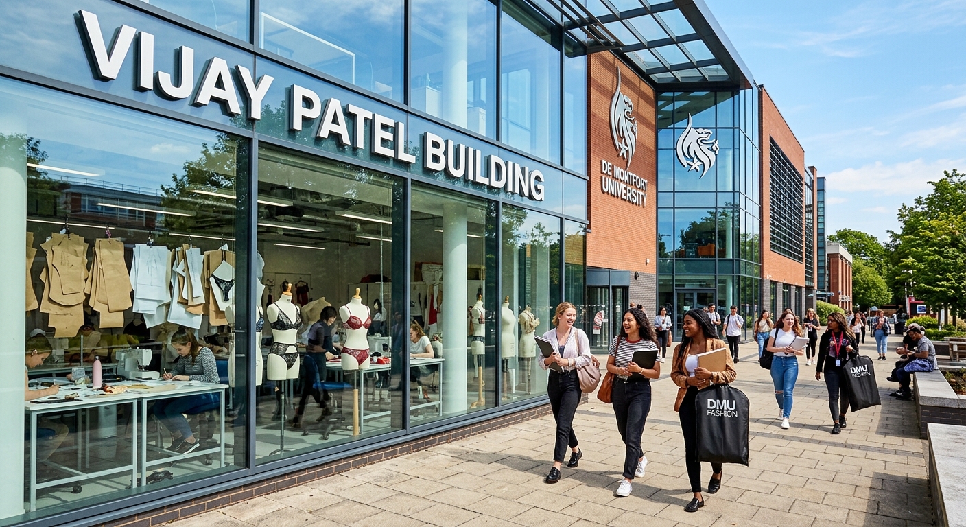 De Montfort University Vijay Patel Building exterior with modern glass facade, fashion design students walking on Leicester campus, intimate apparel design studios visible through large windows, bright sunny day