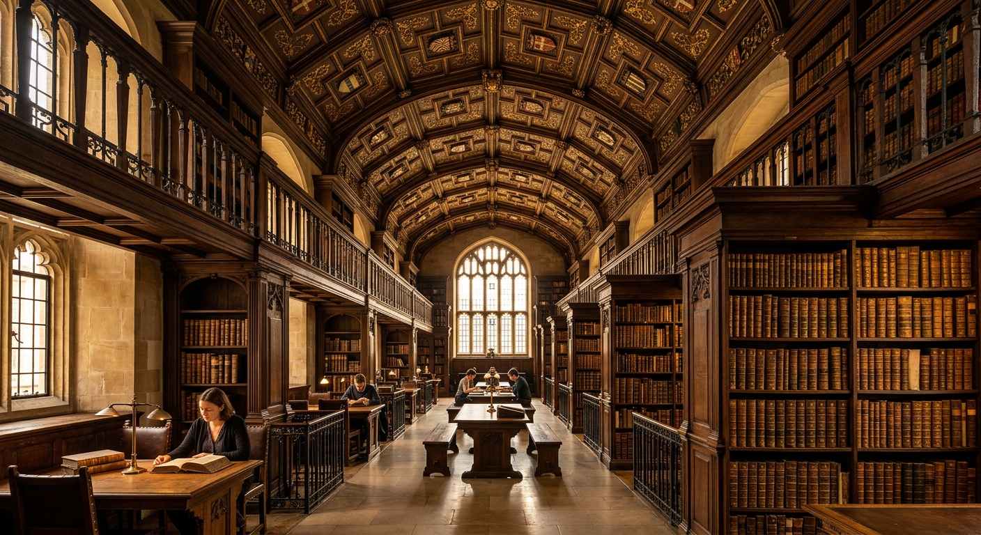 Interior of the Bodleian Library Duke Humfrey's reading room with ornate wooden ceiling, rows of ancient books, warm golden lighting, and medieval architecture
