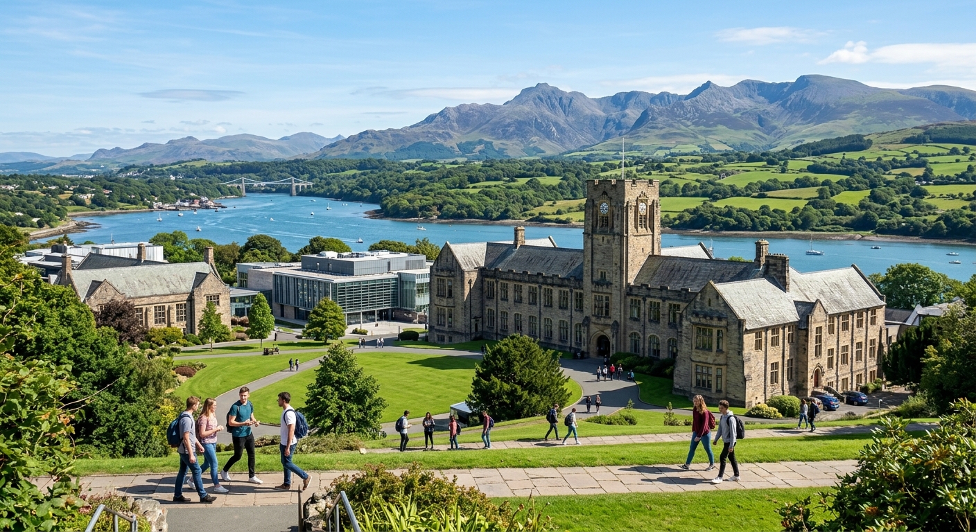 Scenic view of Bangor University campus in North Wales with Snowdonia mountains in the background, lush green countryside, students walking through historic stone buildings with modern facilities, clear sky over the Menai Strait coastline