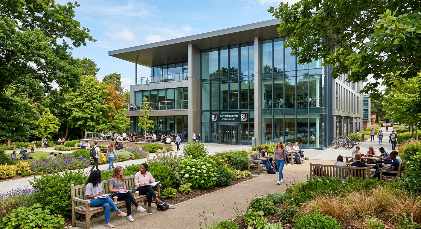 Bournemouth University Talbot Campus main building with modern glass facade, students studying on outdoor benches surrounded by mature trees and landscaped gardens
