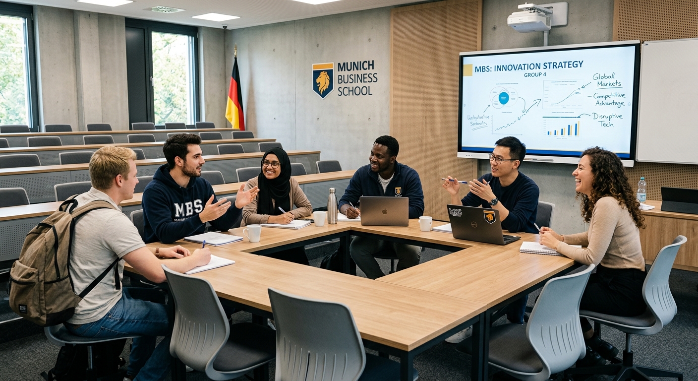 Munich Business School lecture hall interior, small group seminar setting, modern furniture, interactive whiteboard, diverse international students in discussion