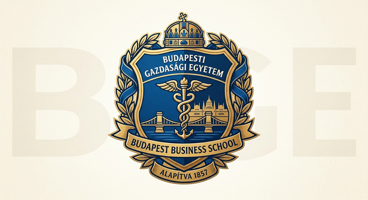 Budapest Business School official university logo, shield emblem with founding year 1857, blue and gold color scheme