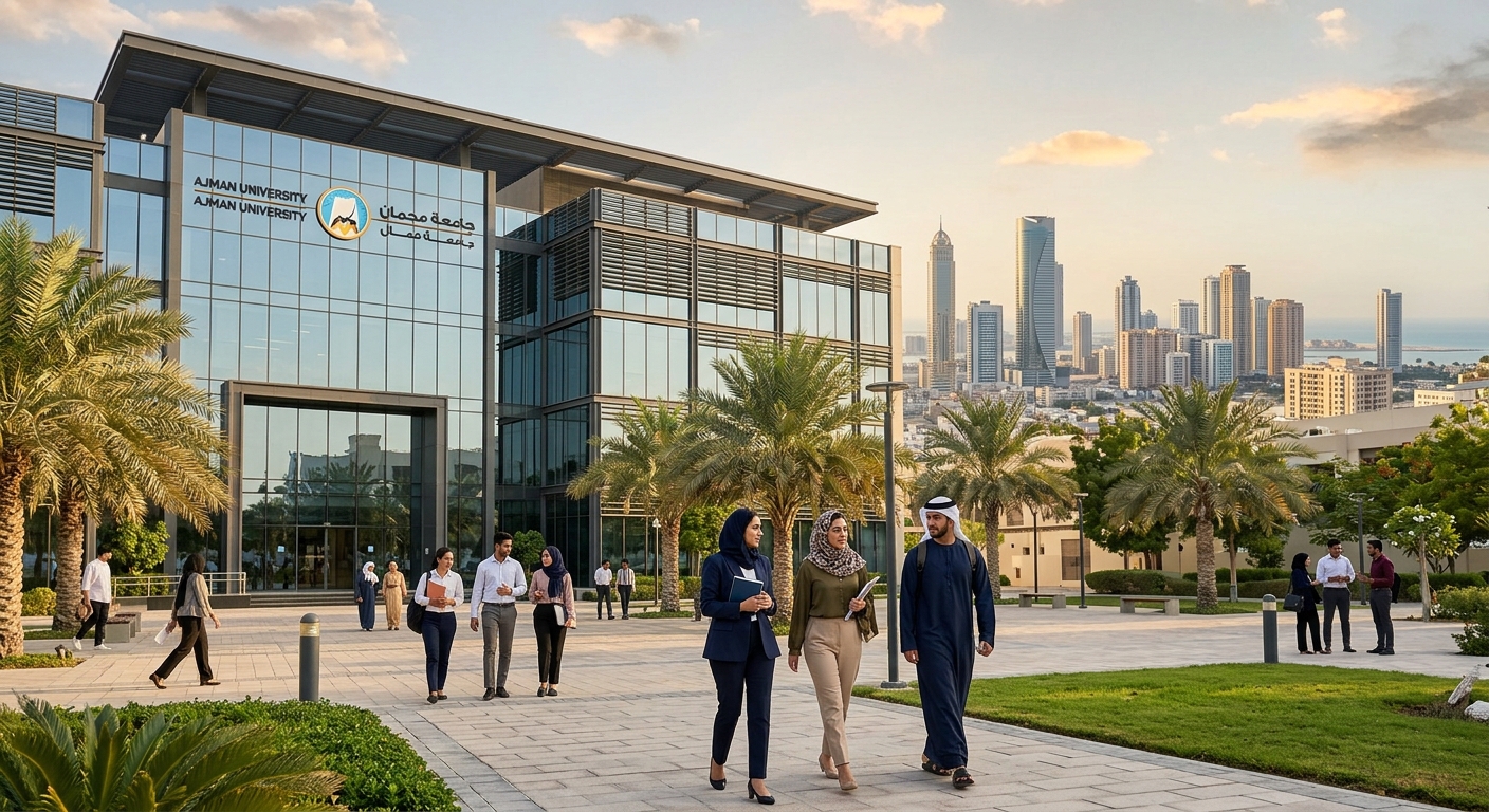 Modern Ajman University campus building with glass facade and palm trees, students walking through courtyard in professional attire, UAE skyline visible in background, warm sunlight