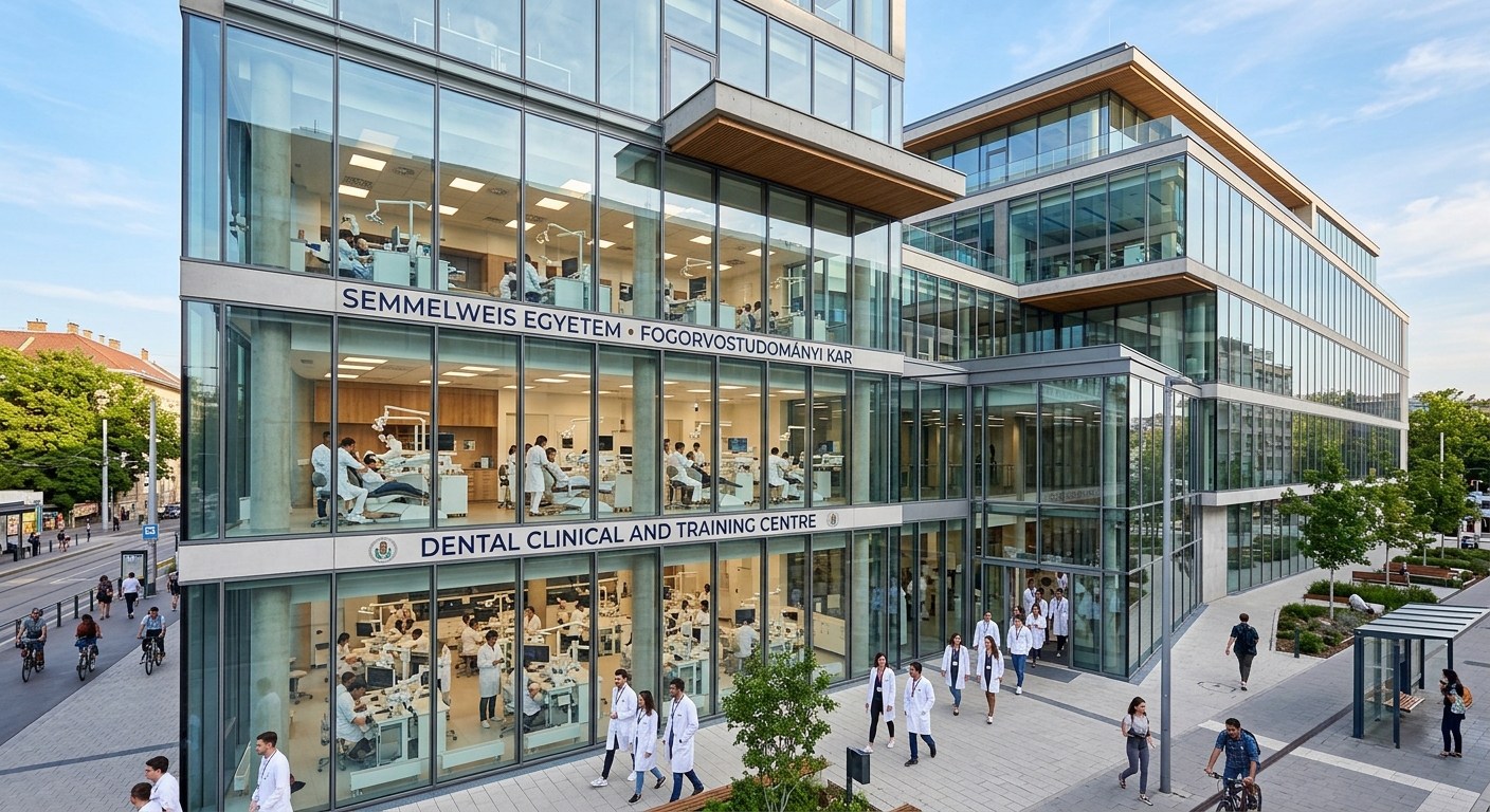 Modern Semmelweis University Dental Clinical and Training Centre, state-of-the-art dental facility with glass facade, simulation labs and treatment rooms visible, students in white coats