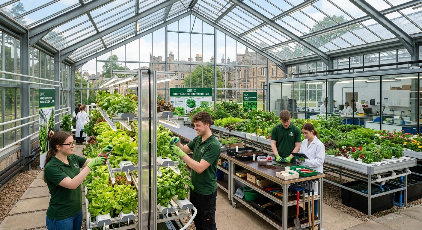 SRUC Edinburgh campus glasshouse and vertical farm with students tending to plants, lush green foliage under glass roof, modern horticultural laboratory setting with natural light