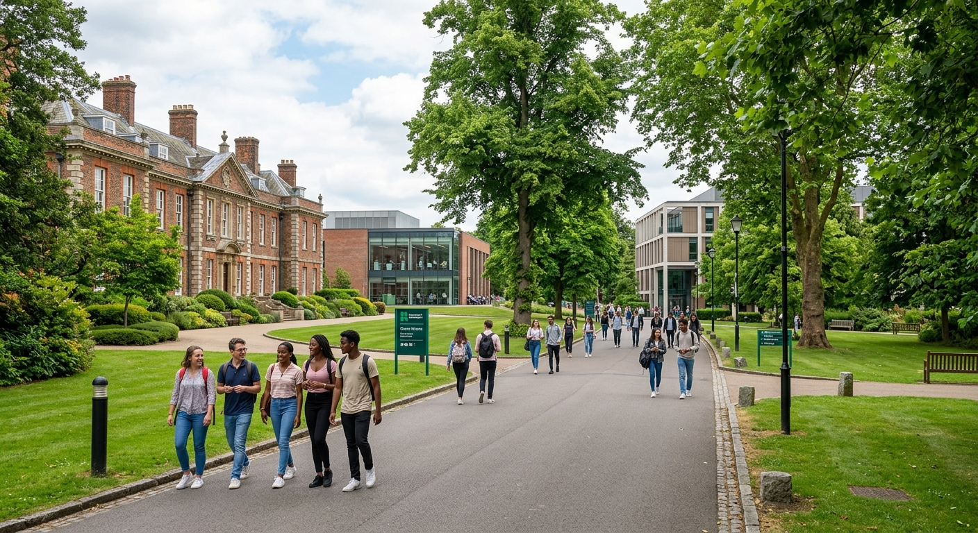 University of Roehampton campus with historic brick buildings set among lush green parkland in southwest London, students walking along tree-lined pathways with modern academic facilities visible in the background