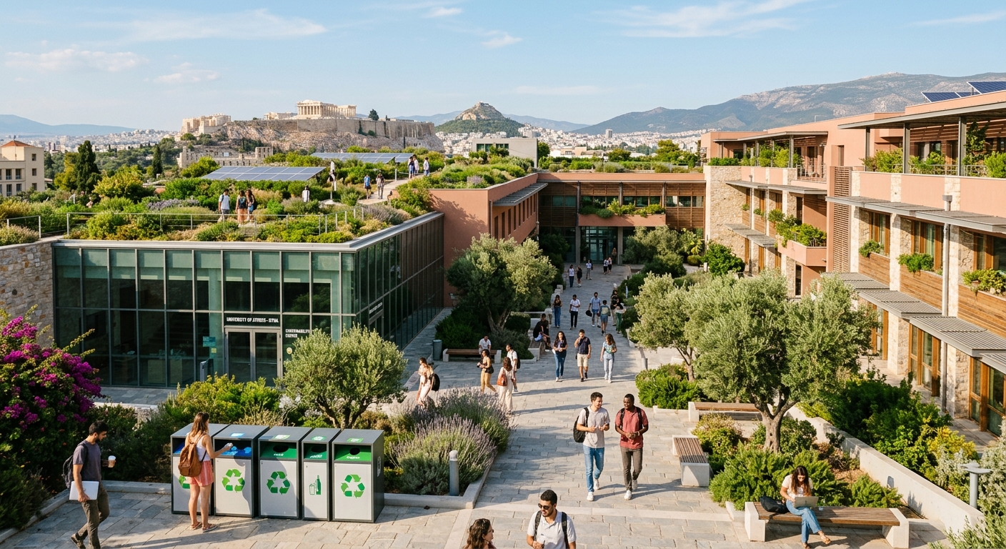 Modern university campus in Athens Greece with sustainable architecture, green rooftop gardens, recycling symbols, students walking through sunlit courtyards with olive trees and Mediterranean landscape in background