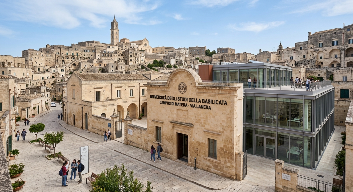 University of Basilicata Matera campus building on Via Lanera, historic stone architecture blending with modern academic facilities, Matera cityscape