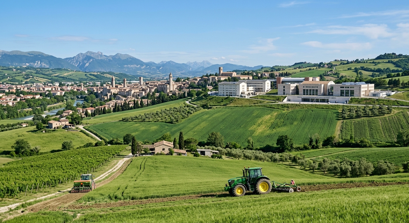 Lush green agricultural fields in the Marche region of Italy with rolling hills, modern farming equipment, and the Ascoli Piceno campus of Marche Polytechnic University visible in the background under a clear Mediterranean sky