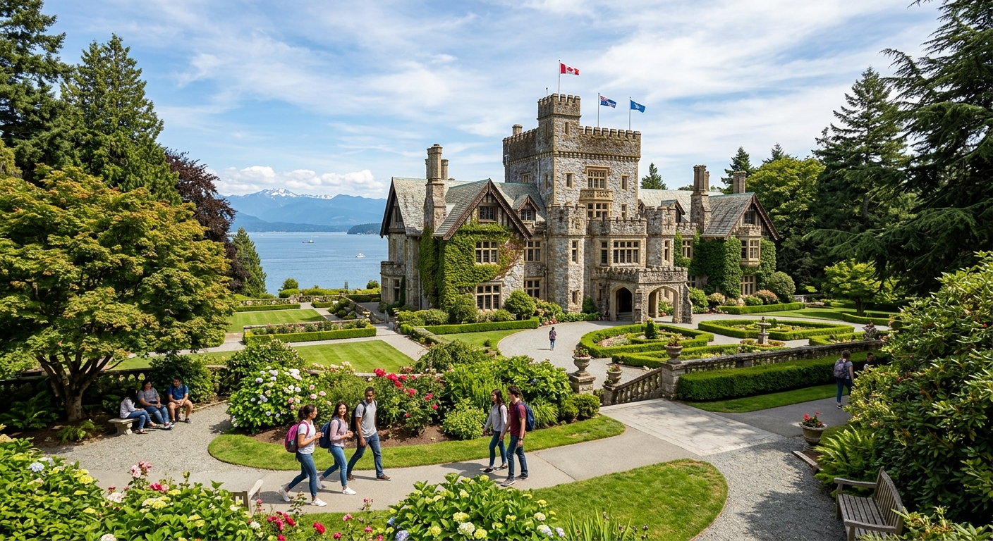 Historic Hatley Castle at Royal Roads University campus in Colwood, British Columbia, surrounded by lush green gardens, mature trees, and scenic views of the Strait of Juan de Fuca, with students walking along pathways on a sunny day