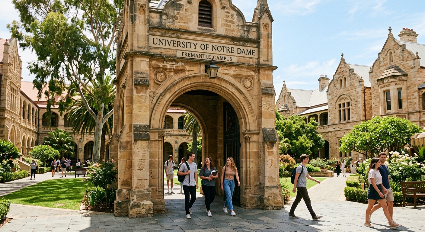 Historic sandstone university buildings at the University of Notre Dame Australia Fremantle campus, students walking through heritage archways with lush green courtyards, warm Australian sunlight
