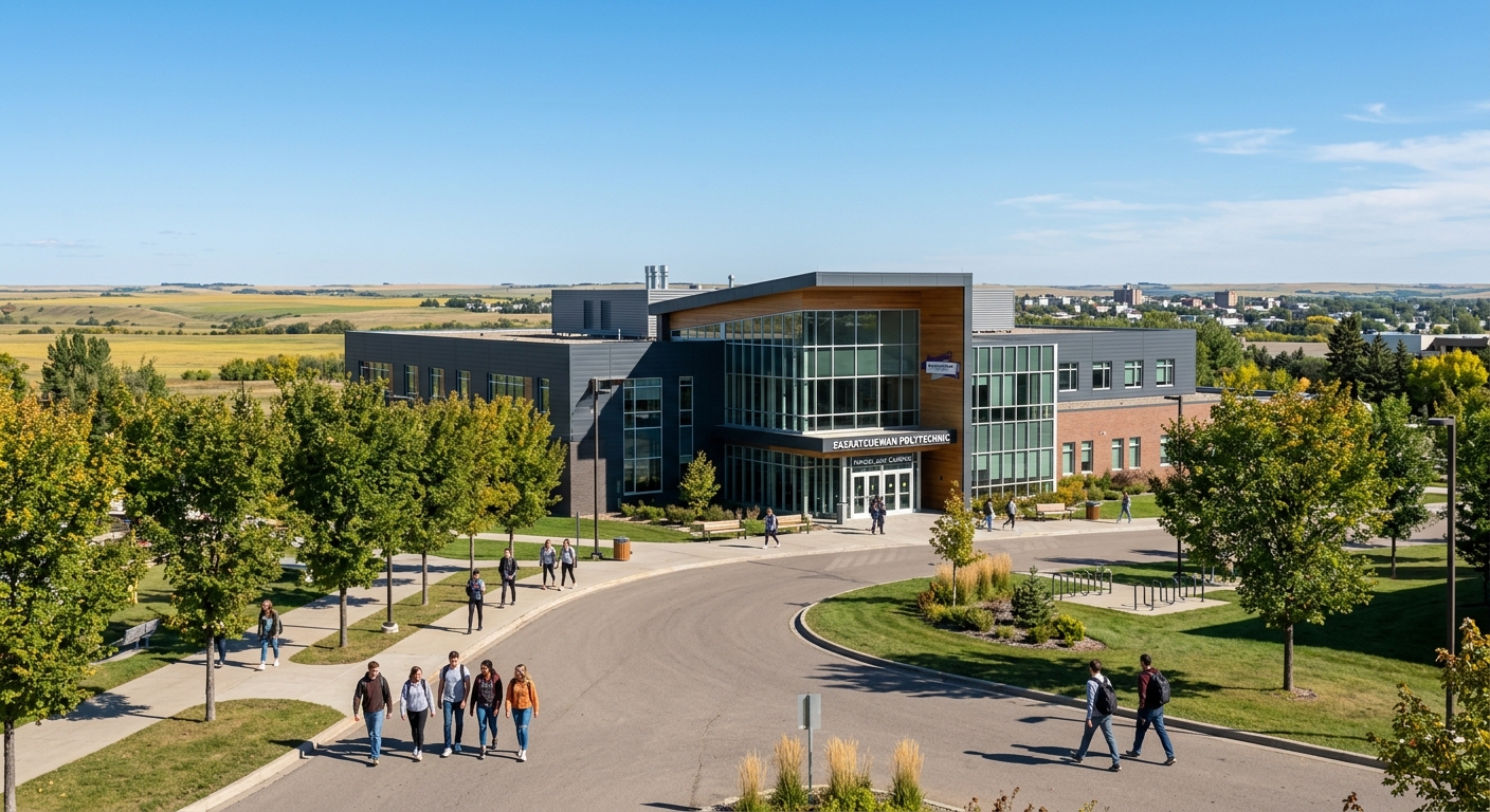Modern Saskatchewan Polytechnic campus building in Moose Jaw, Canada, with students walking along tree-lined pathways, Canadian prairie landscape in the background, clear blue sky