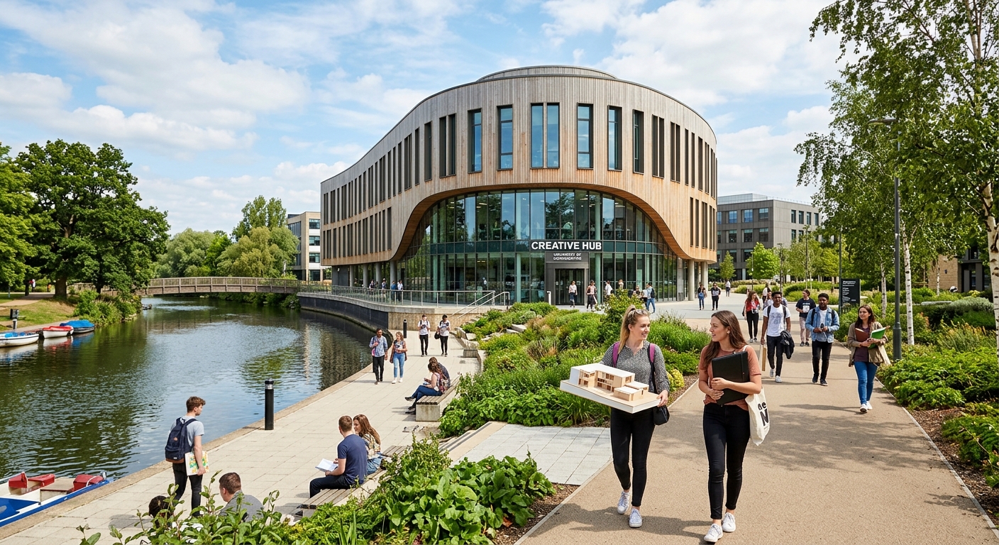 Modern Waterside Campus at the University of Northampton, featuring the Creative Hub building with its distinctive curved architecture, surrounded by green landscaping and a riverside walkway, students walking with architectural models and portfolios
