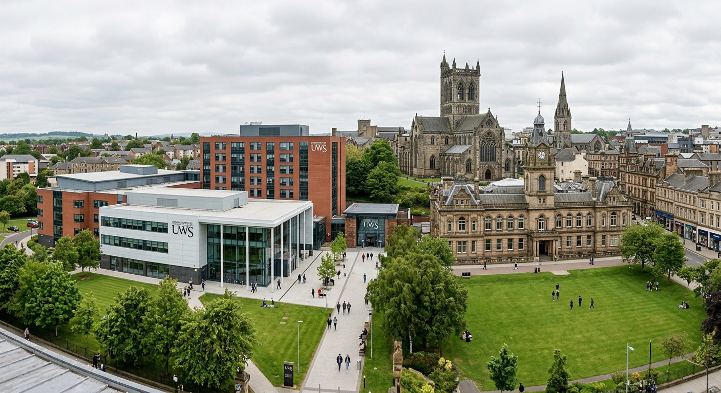 University of the West of Scotland Paisley campus wide shot, contemporary academic buildings alongside historic architecture, green lawns, Scottish town centre backdrop with Paisley Abbey visible, overcast sky