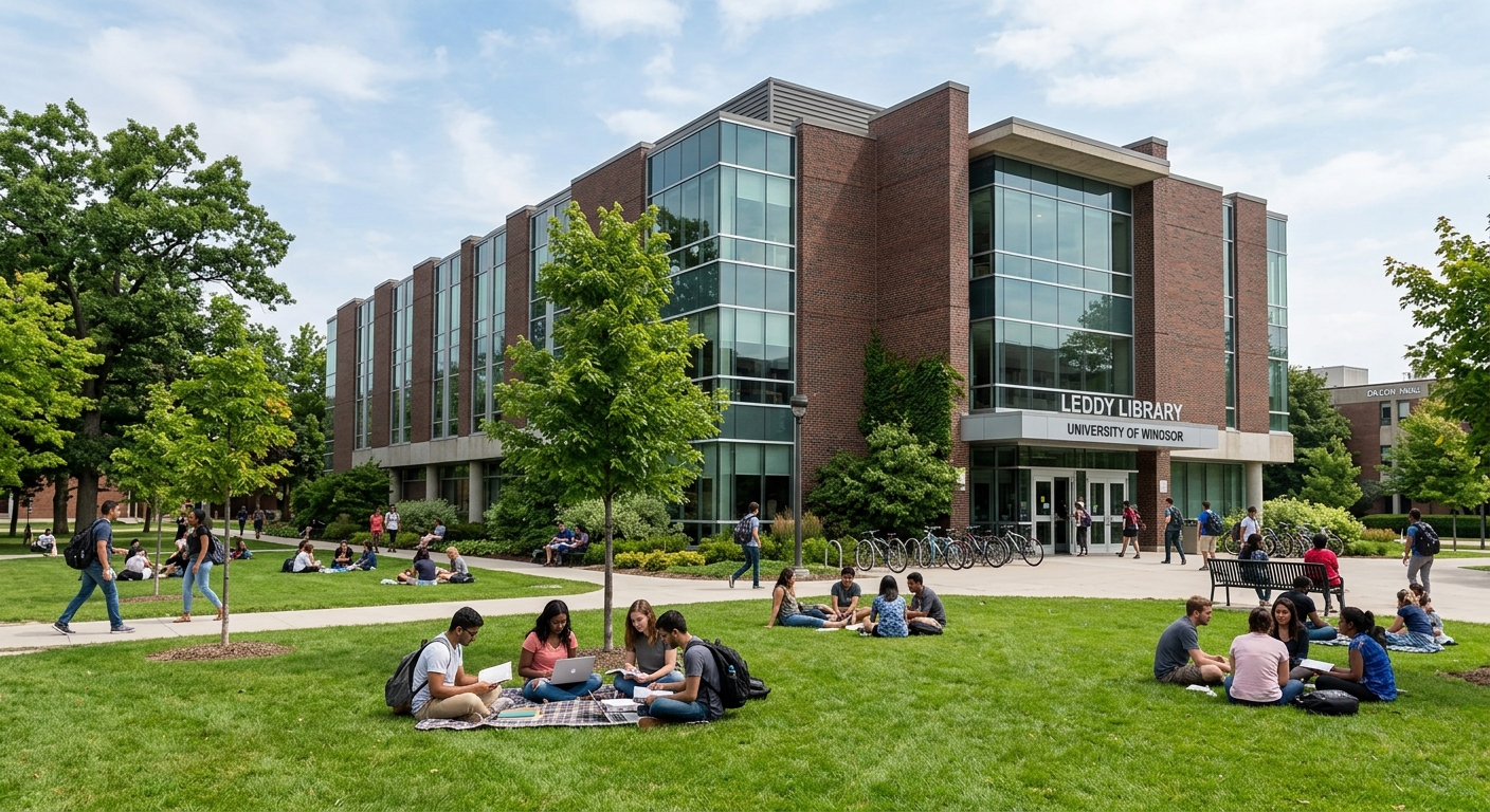 Leddy Library at the University of Windsor, multi-story brick and glass building surrounded by green trees, students studying on the front lawn